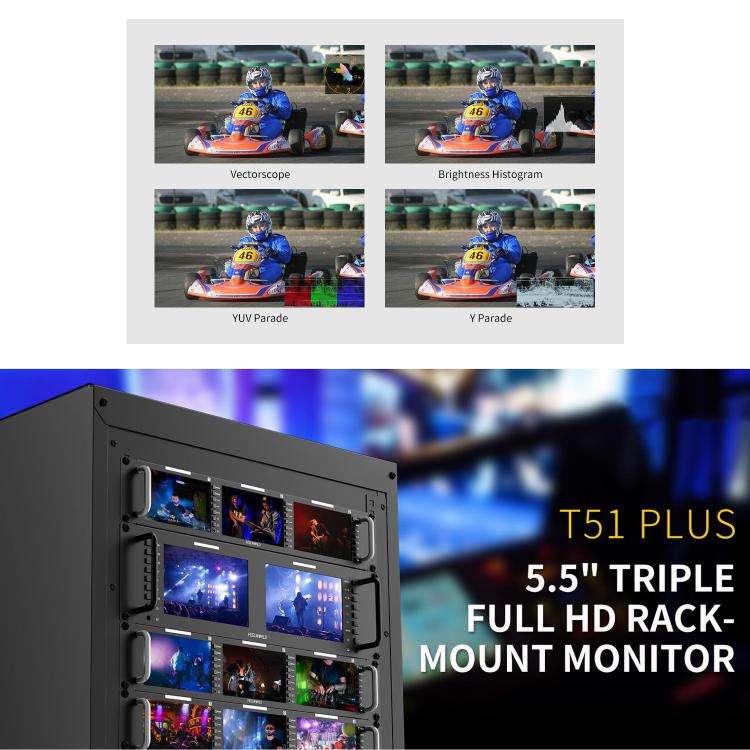 FEELWORLD T51 PLUS Triple 5.5 inch 2RU Rackmount Monitor Full HD 3G-SDI 4KHDMI AV Monitor (EU Plug)