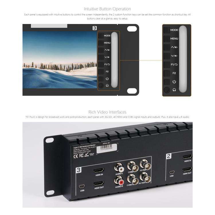 FEELWORLD T51 PLUS Triple 5.5 inch 2RU Rackmount Monitor Full HD 3G-SDI 4KHDMI AV Monitor (EU Plug)