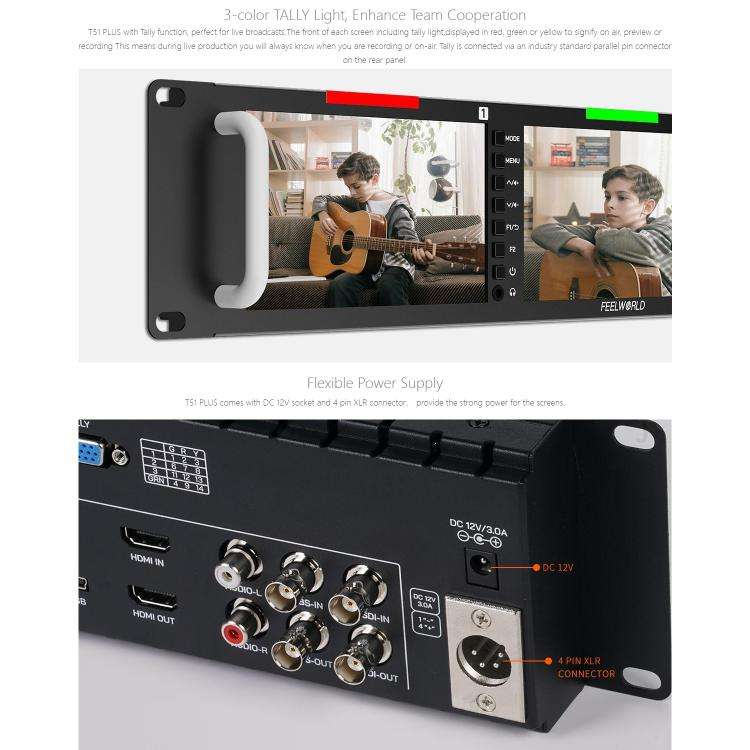 FEELWORLD T51 PLUS Triple 5.5 inch 2RU Rackmount Monitor Full HD 3G-SDI 4KHDMI AV Monitor (EU Plug)