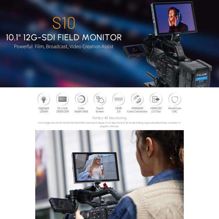 FEELWORLD S10 10.1 inch 12G SDI HDMI2.0 Camera Field Monitor High Brightness 1200nit Touchscreen ...