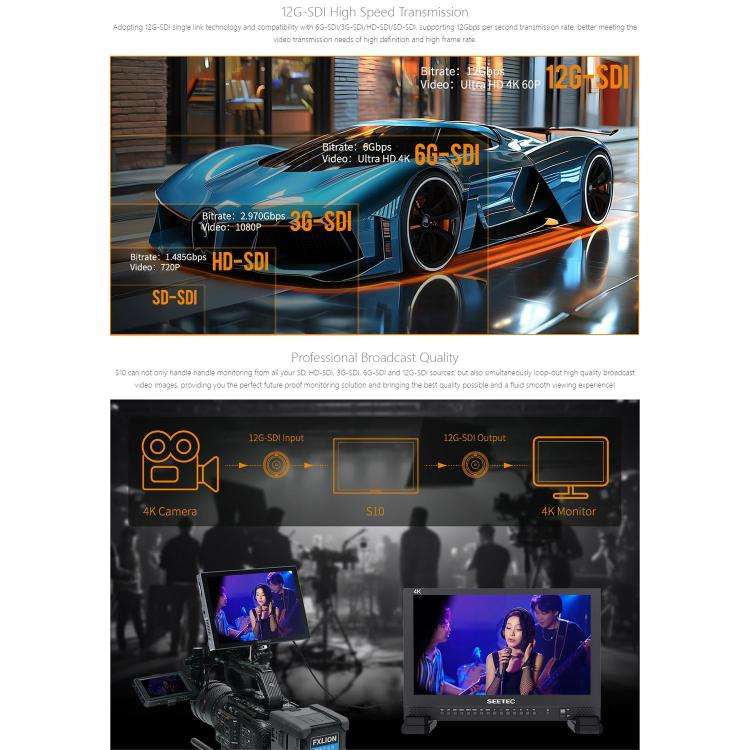 FEELWORLD S10 10.1 inch 12G SDI HDMI2.0 Camera Field Monitor High Brightness 1200nit Touchscreen ...