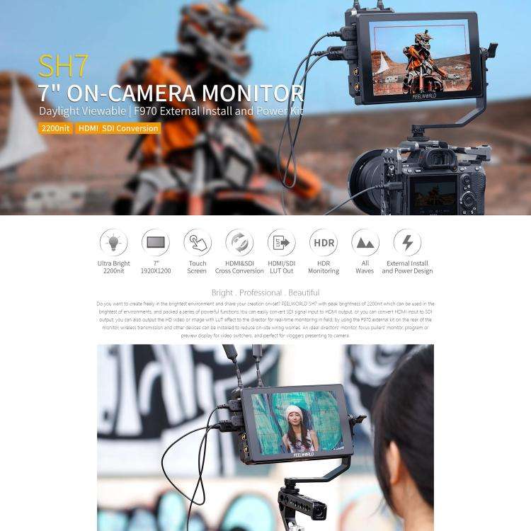 FEELWORLD SH7 7 inch Ultra Bright 2200nit On-camera Monitor SDI HDMI Cross Conversion Monitor (Bl...