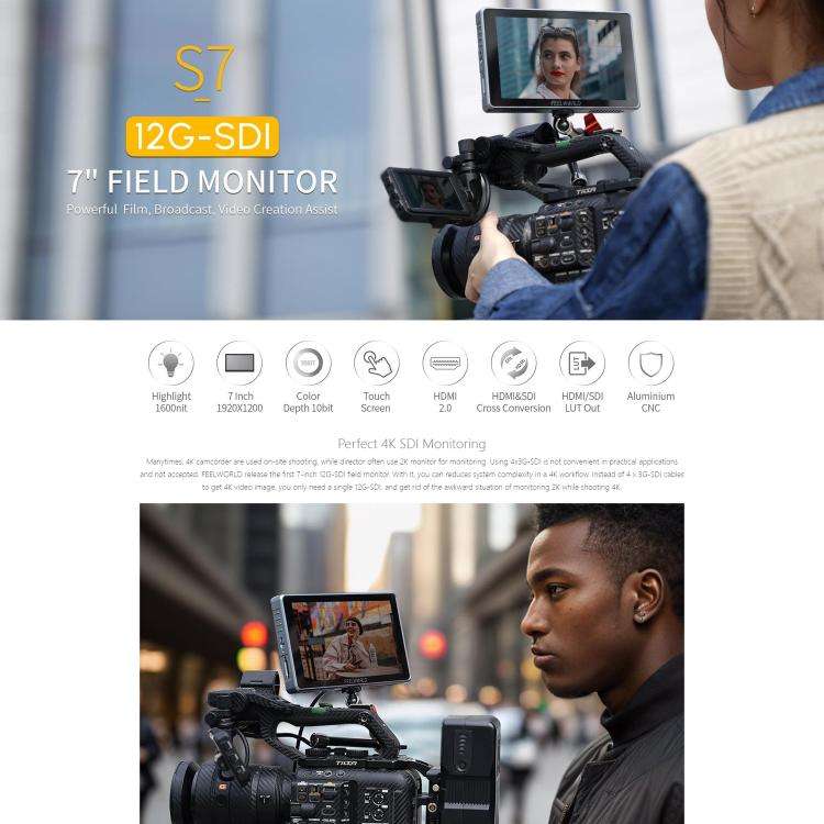 FEELWORLD S7 7 inch 12G SDI HDMI2.0 Camera Field Monitor High Brightness1600nit Touchscreen Monit...