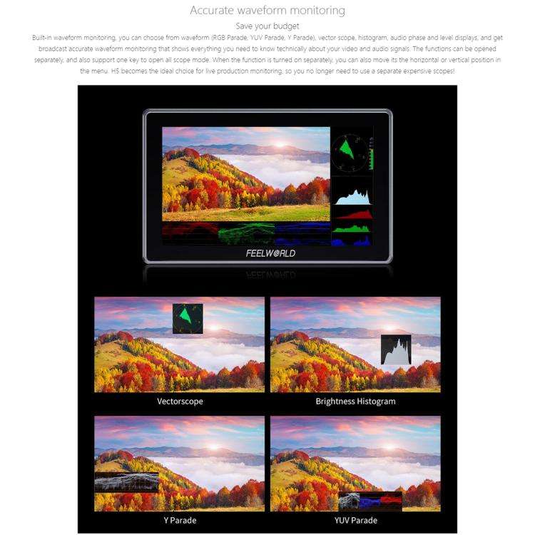 FEELWORLD H5 5.5 inch 12G SDI HDMI 2.0 Camera Field Monitor High Brightness 1200nit Touchscreen M...