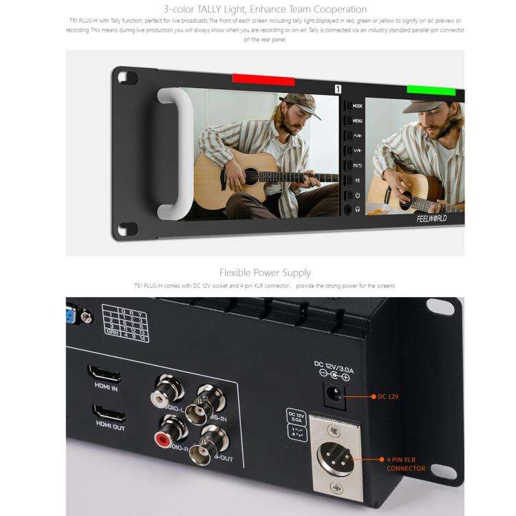 FEELWORLD T51 PLUS-H Triple 5.5 inch 2RU Rackmount Monitor Full HD 4K HDMI SDI AV Monitor (EU Plug)