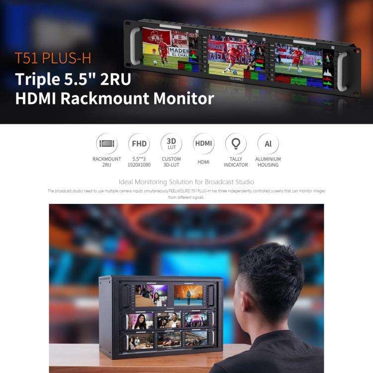 FEELWORLD T51 PLUS-H Triple 5.5 inch 2RU Rackmount Monitor Full HD 4K HDMI SDI AV Monitor (EU Plug)