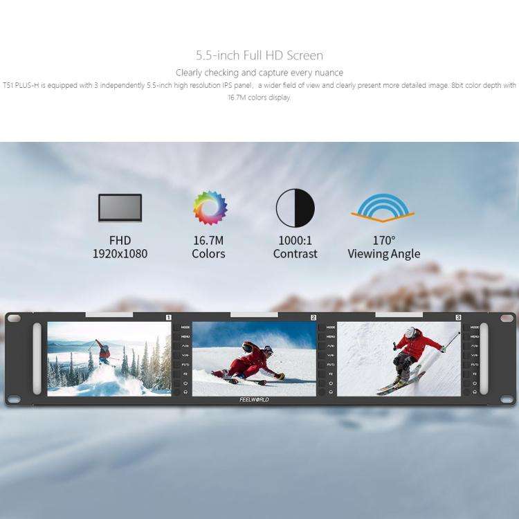 FEELWORLD T51 PLUS-H Triple 5.5 inch 2RU Rackmount Monitor Full HD 4K HDMI SDI AV Monitor (EU Plug)