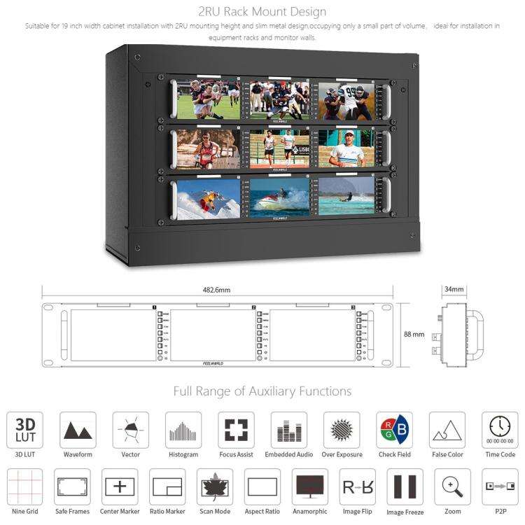 FEELWORLD T51 PLUS-H Triple 5.5 inch 2RU Rackmount Monitor Full HD 4K HDMI SDI AV Monitor (EU Plug)