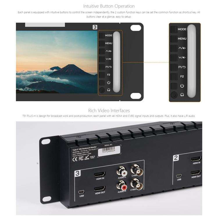 FEELWORLD T51 PLUS-H Triple 5.5 inch 2RU Rackmount Monitor Full HD 4K HDMI SDI AV Monitor (EU Plug)