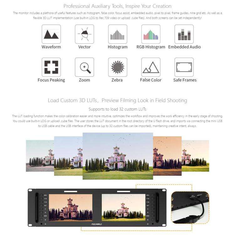 FEELWORLD D71 PLUS-H Dual 7 inch 3RU Rackmount Monitor 4K HDMI 1920 x 1200 IPS Monitor (EU Plug)