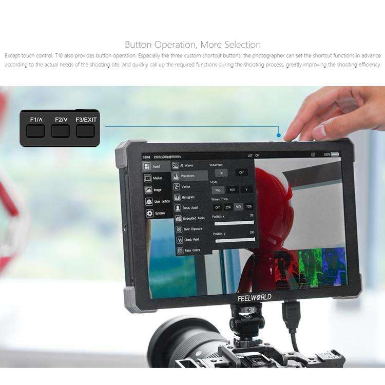 FEELWORLD T10 10.1 inch Aluminium DSLR Camera Field Monitor Touch Screen 4K HDMI Monitor (Black)