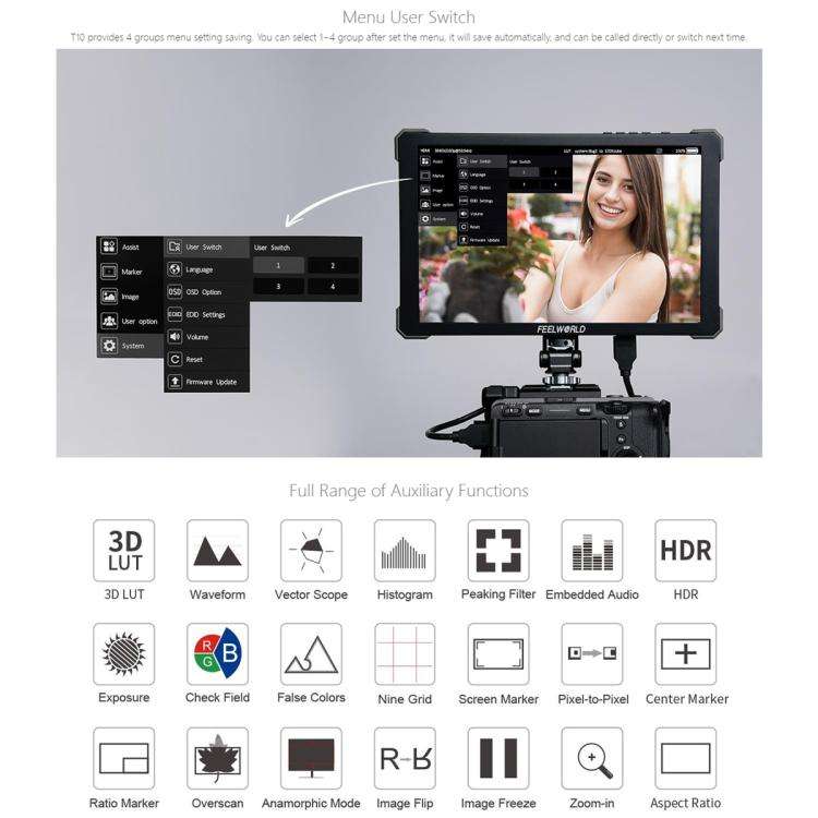 FEELWORLD T10 10.1 inch Aluminium DSLR Camera Field Monitor Touch Screen 4K HDMI Monitor (Black)
