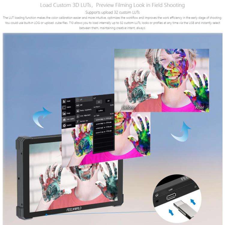 FEELWORLD T10 10.1 inch Aluminium DSLR Camera Field Monitor Touch Screen 4K HDMI Monitor (Black)