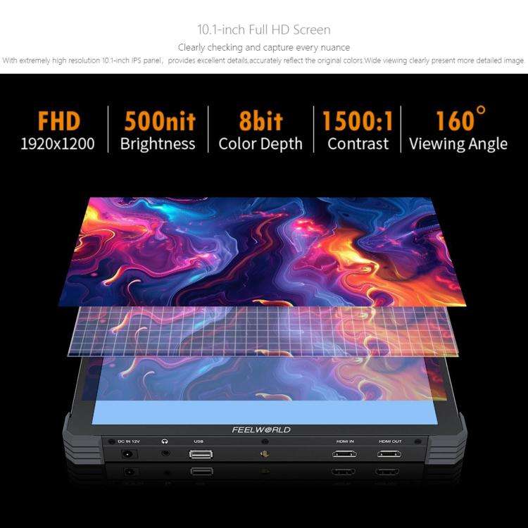 FEELWORLD T10 10.1 inch Aluminium DSLR Camera Field Monitor Touch Screen 4K HDMI Monitor (Black)
