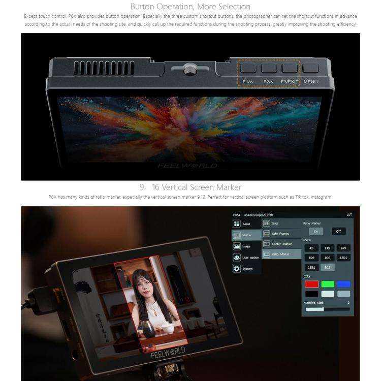 FEELWORLD P6X 5.5 inch Aluminium DSLR Camera Field Monitor Touch Screen 4K HDMI High Brightness 1...