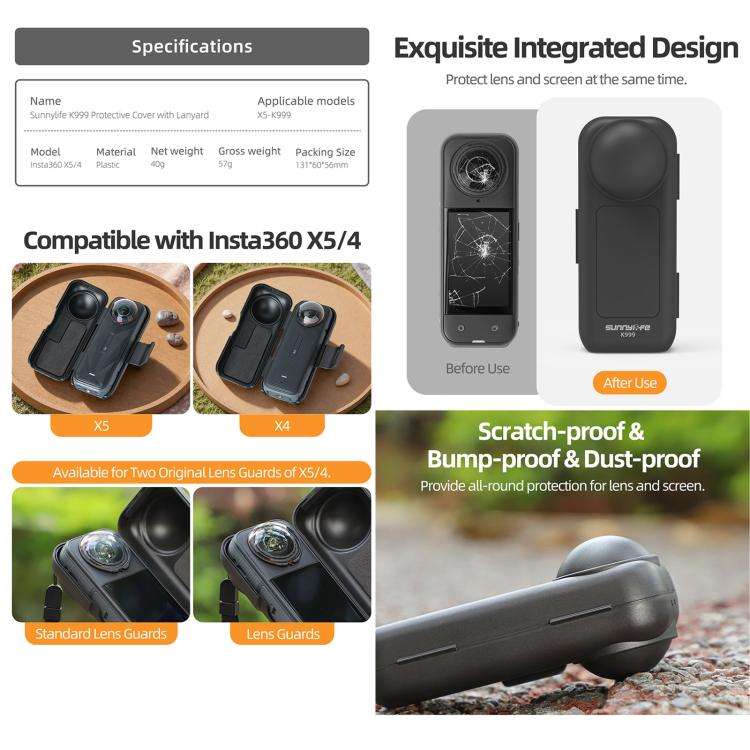 For Insta360 X5 / X4 Sunnylife Integrated Lens Screen Protective Cover Camera Case with Strap (Bl...
