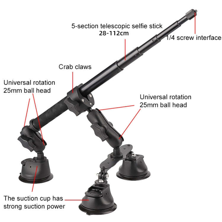 Dual-leg Suction Cup + Single Suction Cup with Selfie Stick Kits (Black)