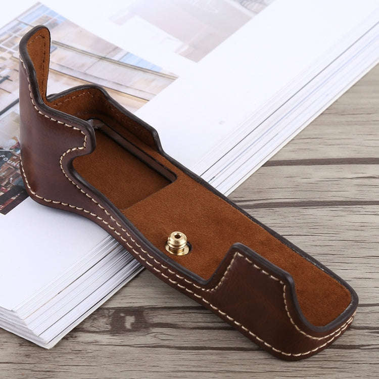 1/4 inch Thread PU Leather Camera Half Case Base for Olympus EM5 / EM5 Mark II (Coffee)
