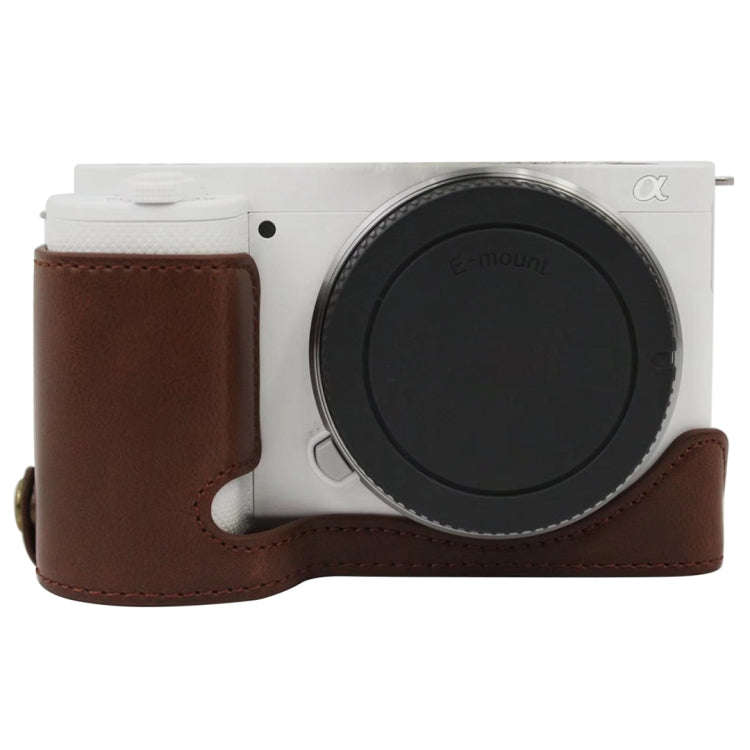 1/4 inch Thread PU Leather Camera Half Case Base for Sony ZV-E10 / ZV-E10L (Coffee)