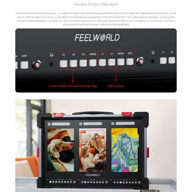 FEELWORLD PS101 Triple 10.1-inch Vertical Dispaly Carry-on Monitor High Brightness 1000nit Portab...