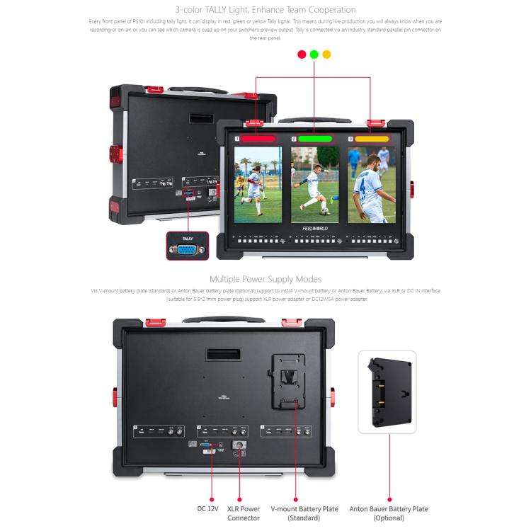 FEELWORLD PS101 Triple 10.1-inch Vertical Dispaly Carry-on Monitor High Brightness 1000nit Portab...