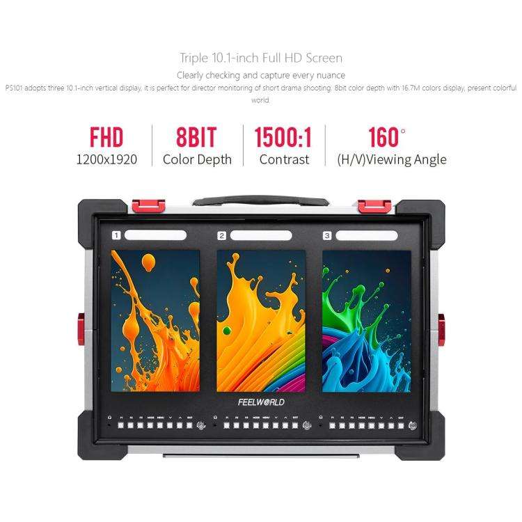 FEELWORLD PS101 Triple 10.1-inch Vertical Dispaly Carry-on Monitor High Brightness 1000nit Portab...