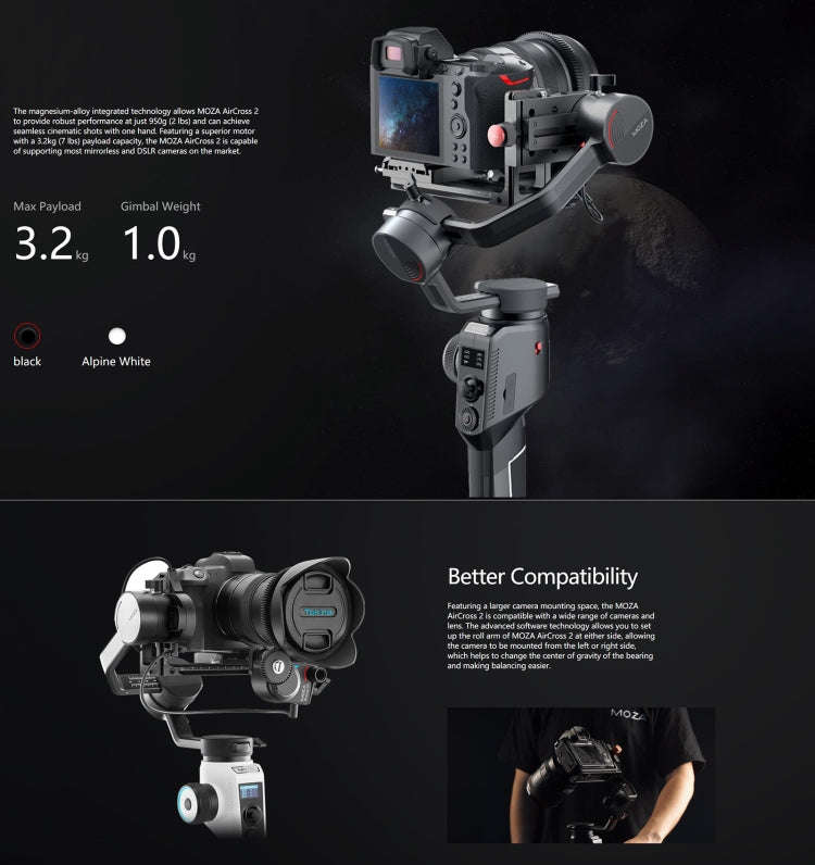MOZA AirCross 2 Standard 3 Axis Handheld Gimbal Stabilizer for DSLR Camera, Load: 3.2kg(Black)