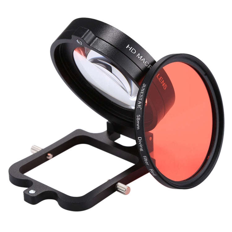 JSR 58mm 16X Macro Lens + Red Diving Lens Filter with Lens Cover + Lens Filter Ring Adapter + Str...