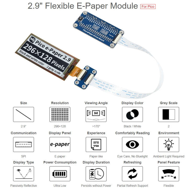 Waveshare 2.9 inch 296 x 128 Pixel Black / White Flexible E-Paper E-Ink Display Module for Raspbe...