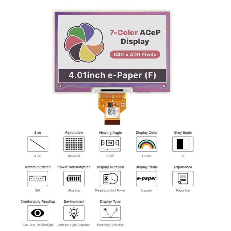 Waveshare 4.01 inch  ACeP 640x400 Pixel 7-Color E-Paper E-Ink Raw Display, without PCB