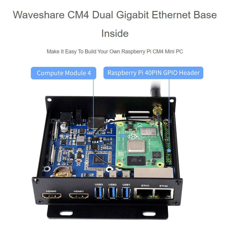 Waveshare Dual Gigabit Ethernet Mini-Computer with Metal Case & Cooling Fan for Raspberry Pi CM4(...