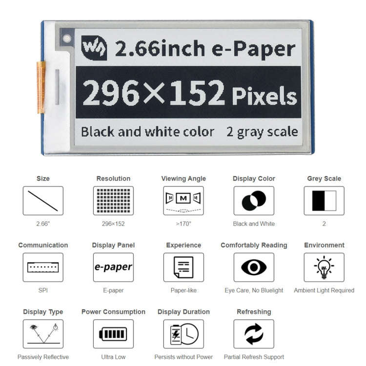Waveshare 2.66 inch 296 x 152 Pixel Black / White E-Paper E-Ink Display Module for Raspberry Pi P...