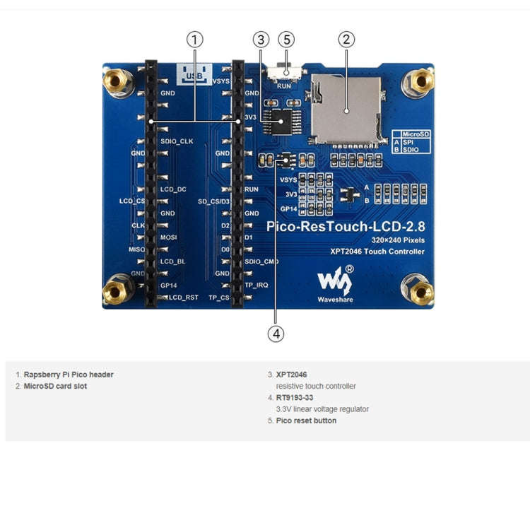 WAVESHARE 2.8 inch 262K Colors 320 x 240 Pixel Touch Display Module for Raspberry Pi Pico, SPI In...