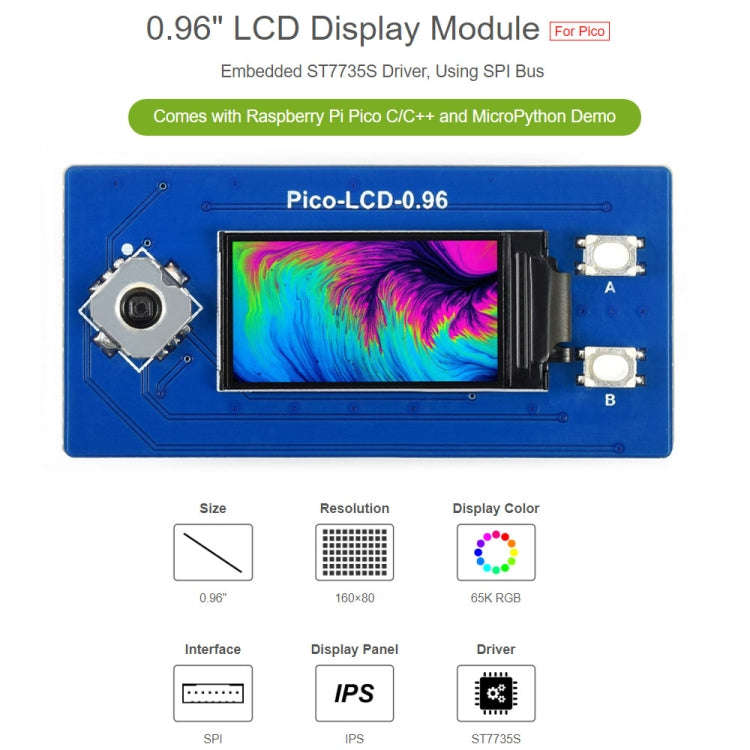 WAVESHARE 65K Colors 160 x 80 Pixel 0.96 inch LCD Display Module for Raspberry Pi Pico, SPI