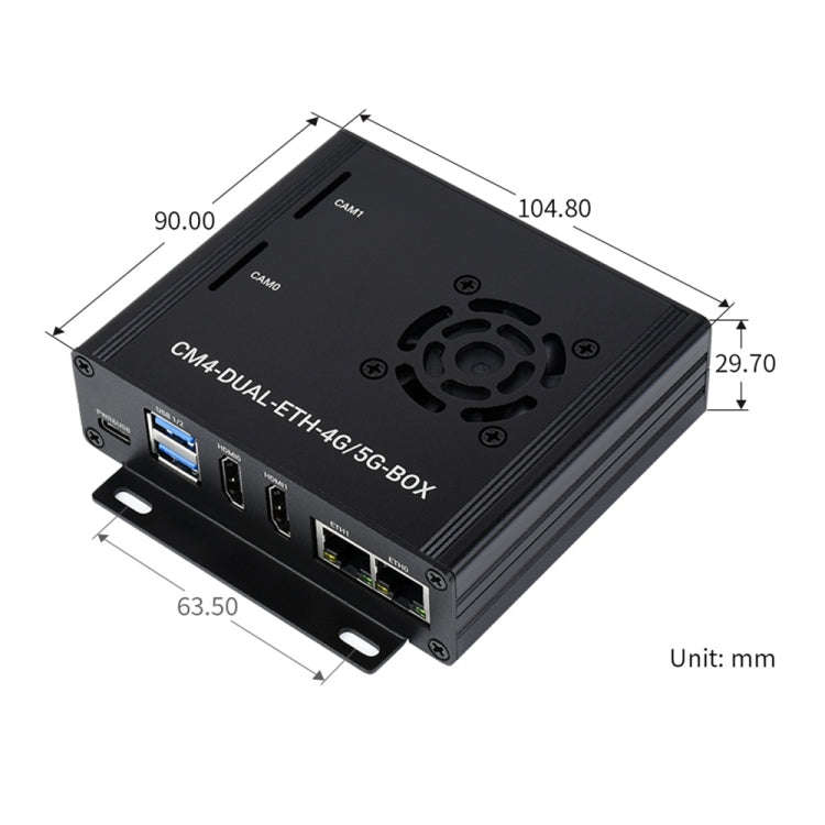Waveshare Dual Gigabit Ethernet 5G/4G Computer Box with Cooling Fan for Raspberry Pi CM4(EU Plug)