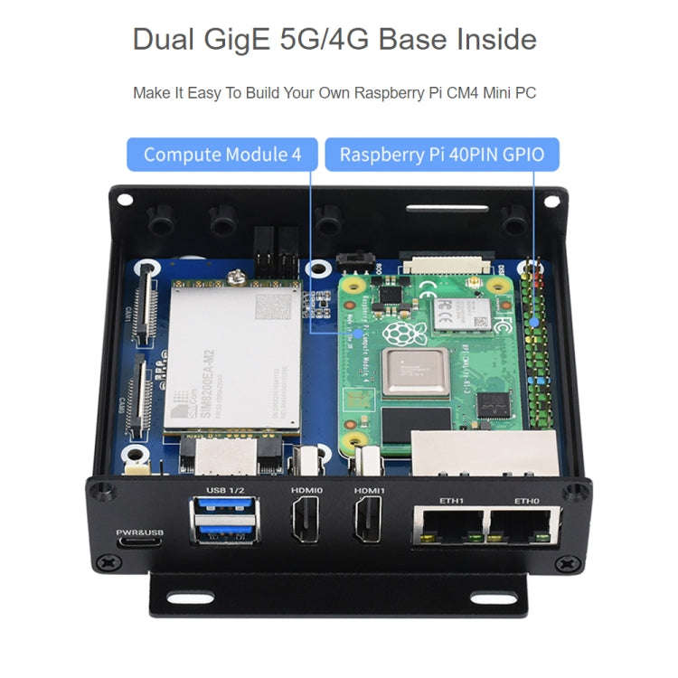 Waveshare Dual Gigabit Ethernet 5G/4G Computer Box with Cooling Fan for Raspberry Pi CM4(EU Plug)