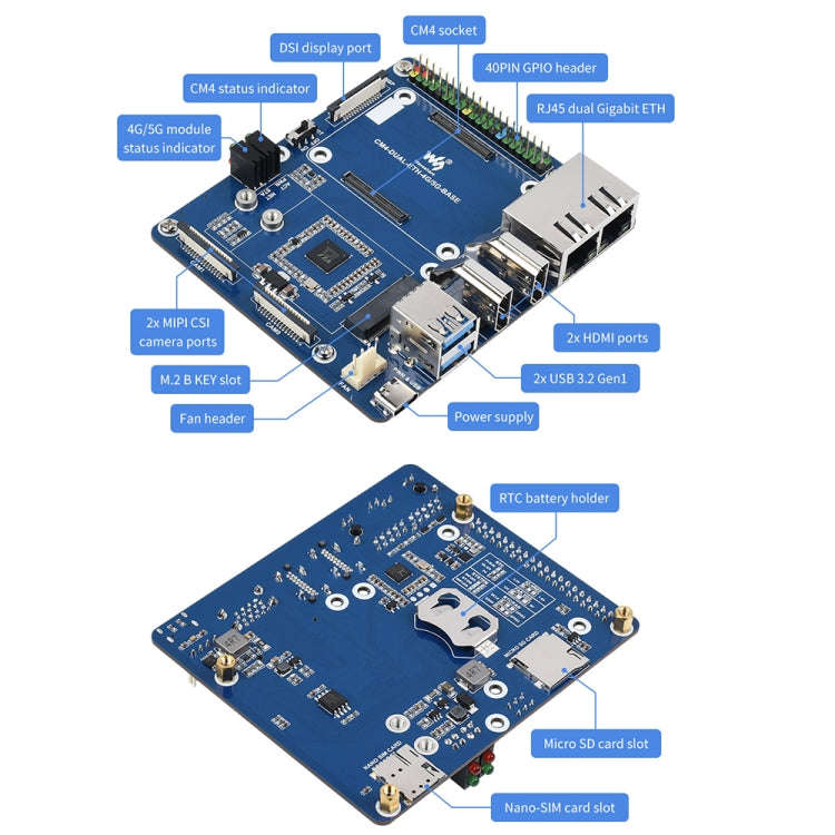 Waveshare Dual Gigabit Ethernet 5G/4G Computer Box with Cooling Fan for Raspberry Pi CM4(EU Plug)