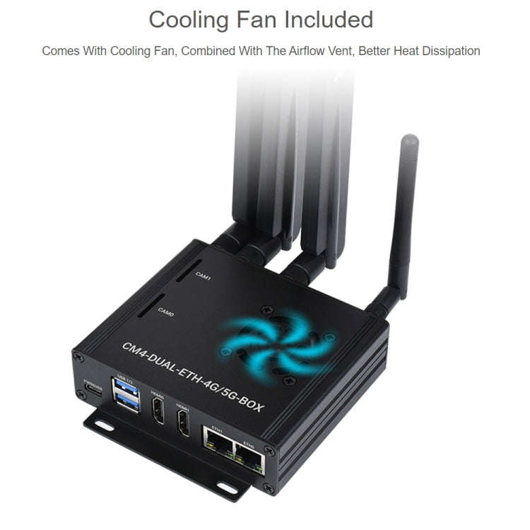 Waveshare Dual Gigabit Ethernet 5G/4G Computer Box with Cooling Fan for Raspberry Pi CM4(EU Plug)