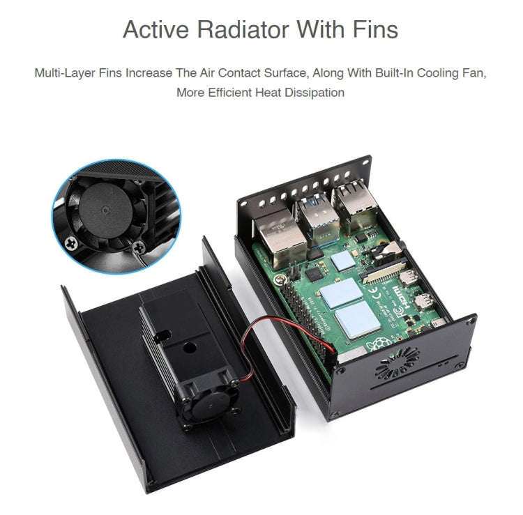 Waveshare Stripe Aluminum Cooling Case for Raspberry Pi 4, Built-In Active Radiator with Fins(Black)