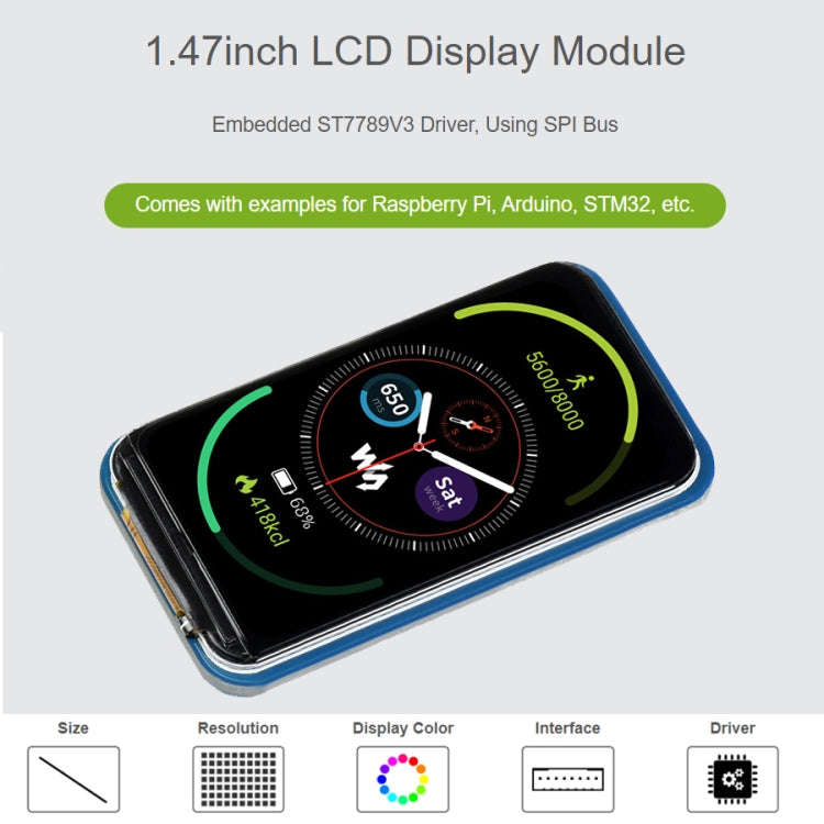 WAVESHARE 1.47 inch LCD Display Module, Rounded Corners, 172 x 320 Resolution, SPI Interface