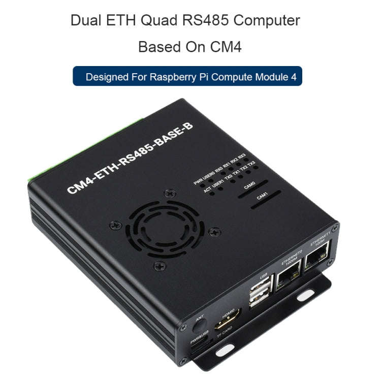 Waveshare Dual ETH Mini-Computer for Raspberry Pi CM4, Gigabit Ethernet, 4CH Isolated RS485(EU Plug)