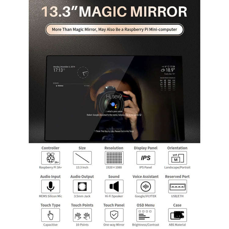 Waveshare 13.3 inch Magic Mirror, Voice Assistant, Touch Control(UK Plug)