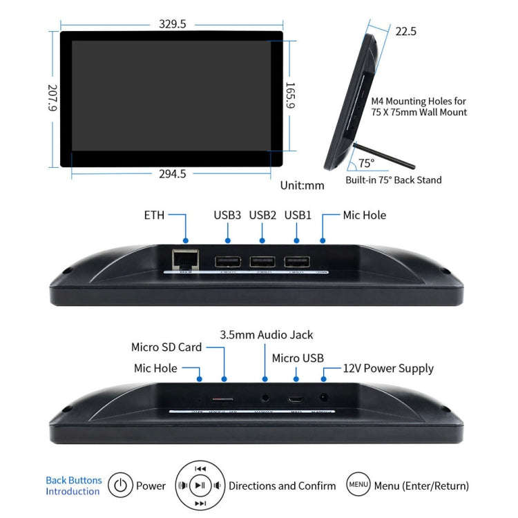 Waveshare 13.3 inch Mini-Computer Powered by Raspberry Pi 3A+, HD Touch Screen(UK Plug)