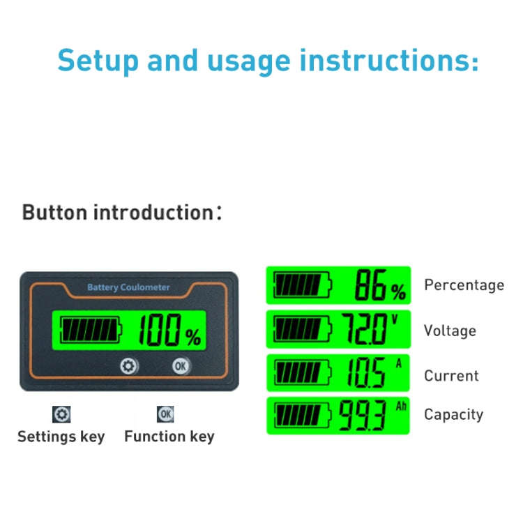 2m 50A 12V 48V Digital Display DC Current Voltmeter Lead-Acid Lithium Battery Charge Meter