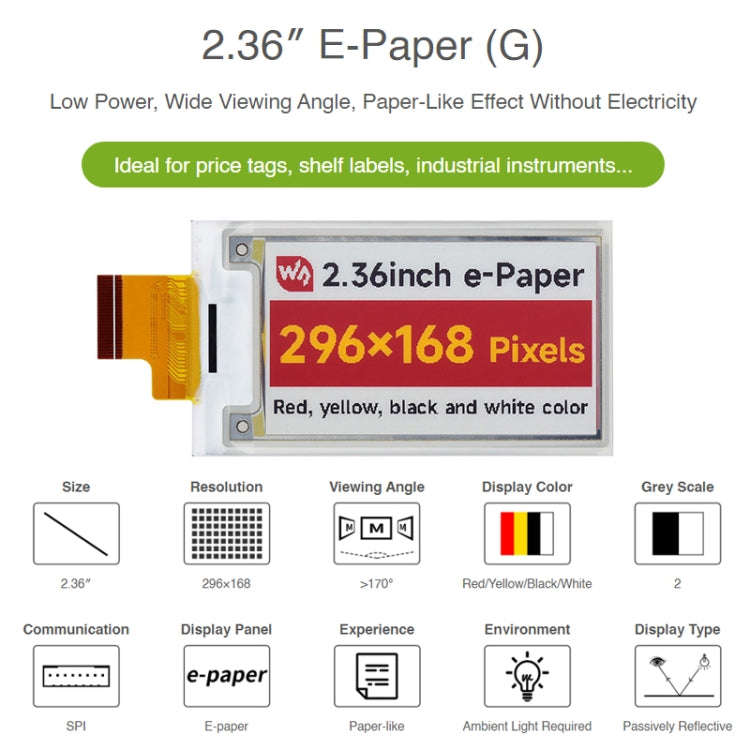 Waveshare 2.36 inch 296 x 168 Red Yellow Black White E-Paper (G) Raw Display Panel