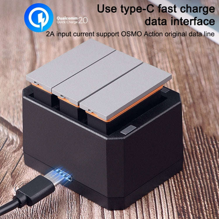 USB Triple Batteries Charger with LED Indicator Light for DJI OSMO Action(Black)