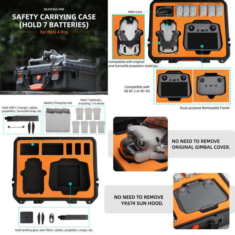 For DJI Mini 4 Pro Sunnylife Safety Carrying Case Waterproof Shock-proof Hard Travel Case (Black)