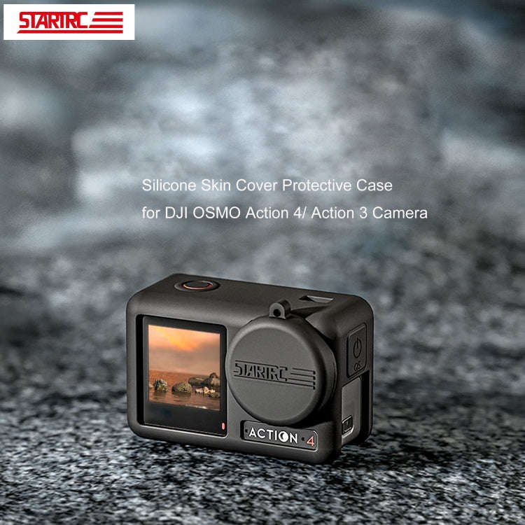 For DJI OSMO Action 4 / 3 STARTRC Silicone Shockproof Case with Lens Cap & Strap (Black)