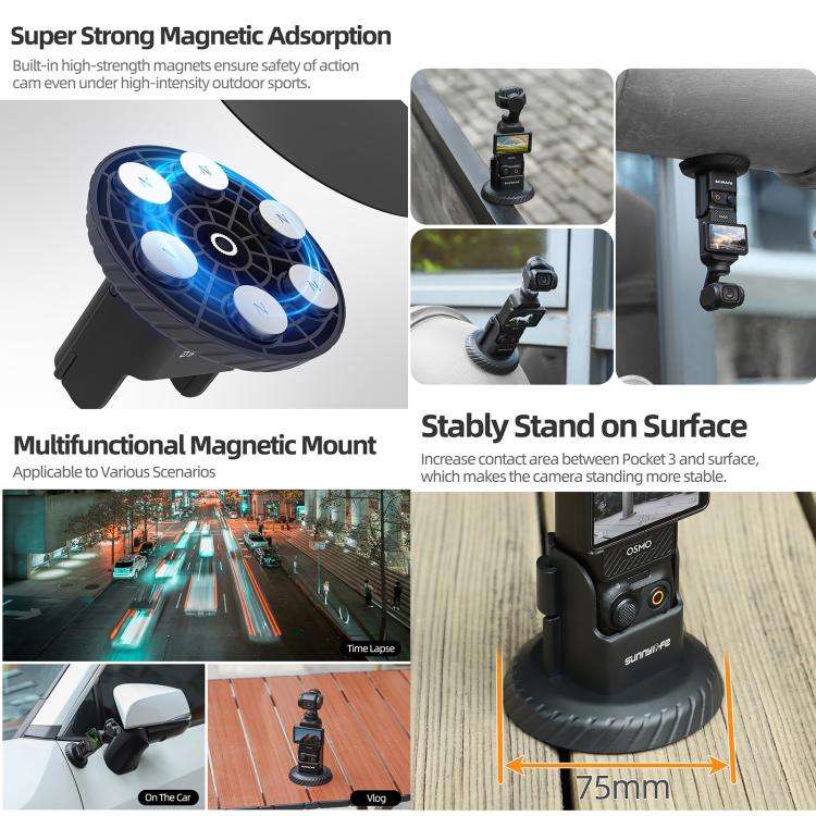 For DJI Osmo Pocket 3 Sunnylife Magnetic Base Mount Tabletop Base Stand Holder (Black)