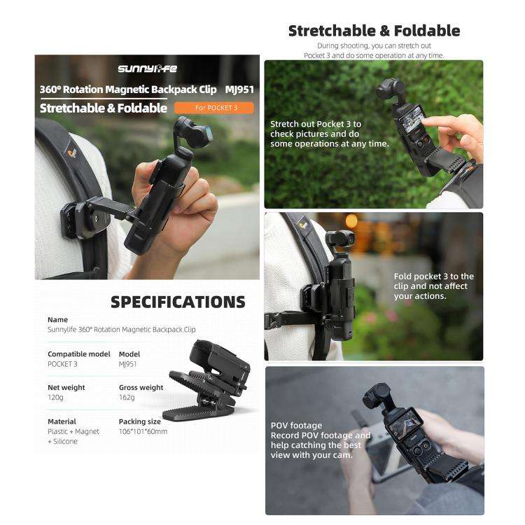 For DJI Osmo Pocket 3 Sunnylife Stretchable Backpack Clip Rotatable Magnetic Mount Action Camera ...